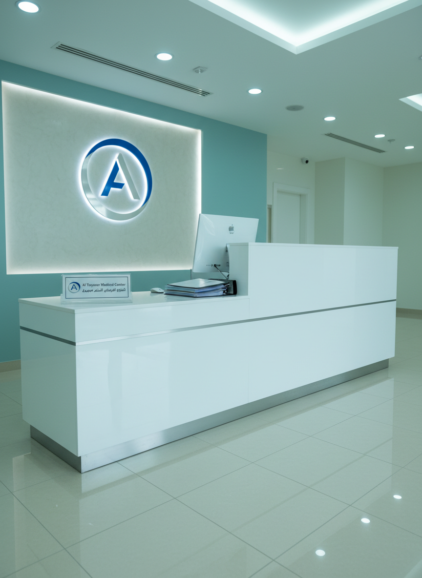A sleek, modern medical reception desk with a glossy white surface and subtle silver trim, featuring a neatly arranged computer monitor, a small stack of organized patient files, and a discreet sign displaying “Al-Tayseer Medical Center مجمع التيسير الطبي”. The desk is set within a bright, spacious lobby with light beige porcelain floors, soft teal accent walls, and a large illuminated logo on a textured wall panel in the background. Cool, diffused ceiling lights bathe the area in even, clean illumination, creating gentle reflections on the polished surfaces. Photographed at eye level with sharp focus and a slight wide-angle composition, the scene feels professional, welcoming, and efficient, embodying photographic realism with a clean, contemporary medical aesthetic.