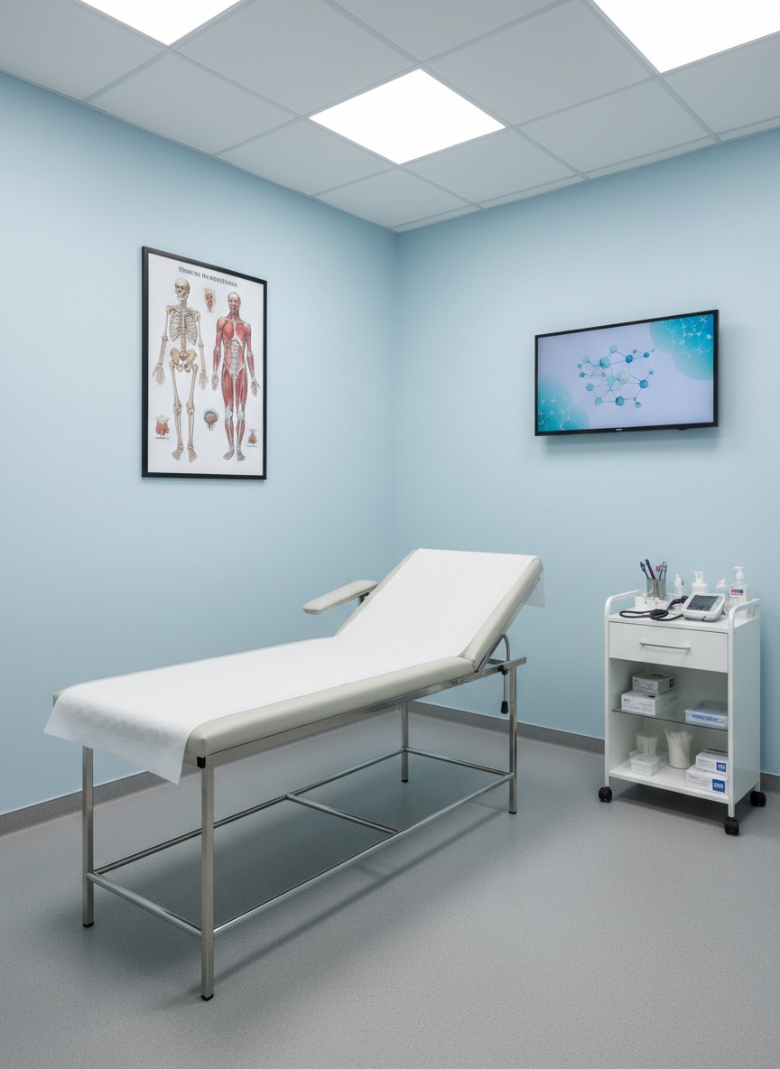 A pristine medical consultation room featuring an empty examination bed with crisp white paper sheet, stainless steel base, and adjustable headrest, positioned beside a compact cabinet with neatly arranged diagnostic tools and labeled containers. The walls are painted a calming light blue with a framed anatomical diagram and a digital wall-mounted screen displaying a subtle abstract health graphic. The floor is a matte light gray vinyl, spotless and reflective of high hygiene standards. Soft overhead LED lighting provides uniform, shadow-free illumination that accentuates cleanliness and order. Captured from a slightly elevated angle with balanced composition and moderate depth of field, the atmosphere is calm, reassuring, and thoroughly professional, rendered in realistic, high-resolution photographic style.