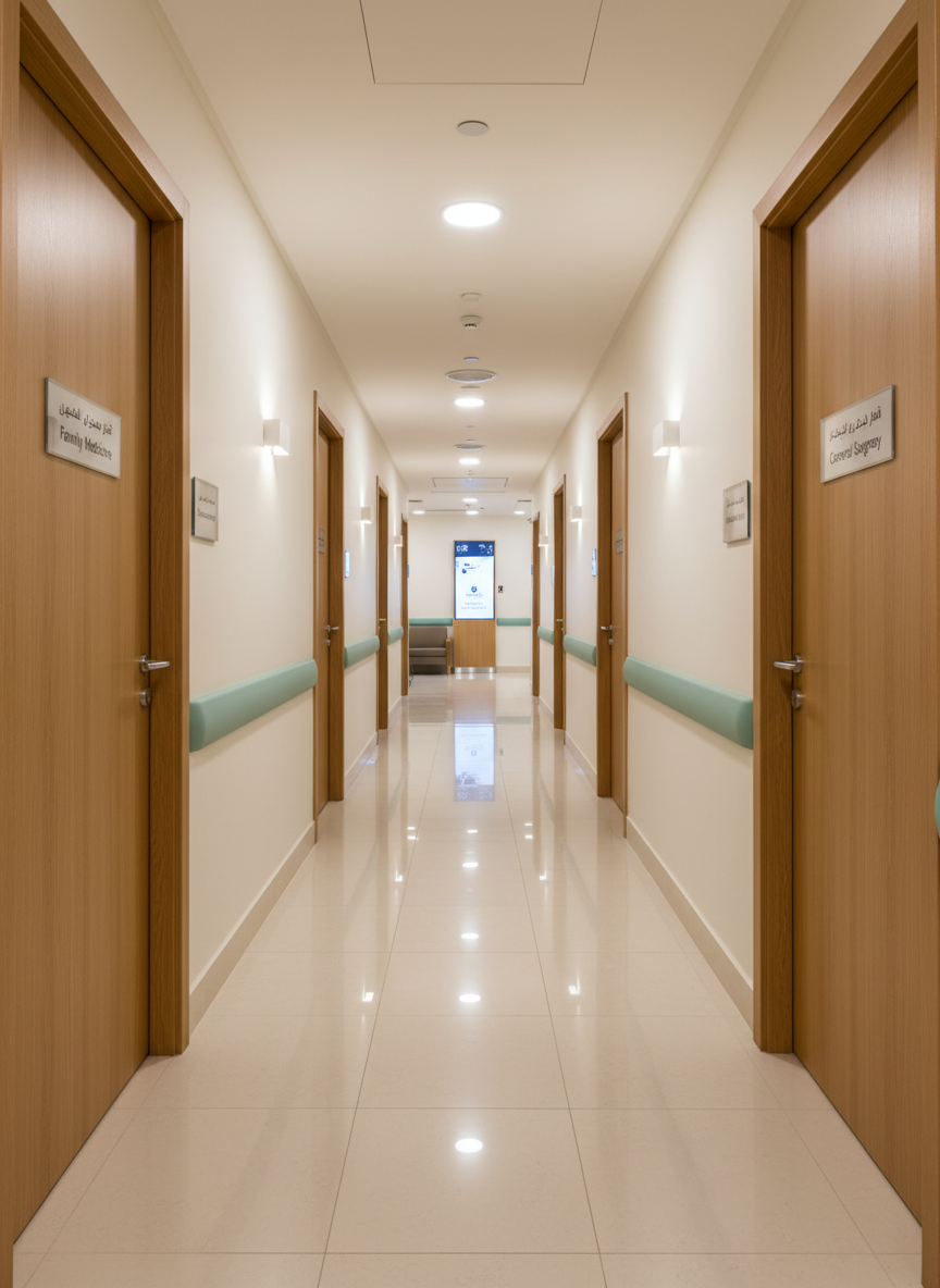 A polished outpatient clinics corridor with a straight, clear line of sight, featuring evenly spaced wooden door panels each with sleek silver handles and frosted glass nameplates in Arabic and English for various specialties. The floor is glossy off-white tile with a subtle reflection, while the walls are warm white with a soft teal chair rail detail. Built-in wall lighting and recessed ceiling LEDs create a bright, evenly lit passage without harsh shadows. Discreet signage at the corridor junction points toward radiology, laboratory, and emergency. Shot from one end of the hallway with strong linear perspective leading toward a softly lit focal point, the photographic composition emphasizes order, efficiency, and easy navigation within a modern, high-quality medical environment.