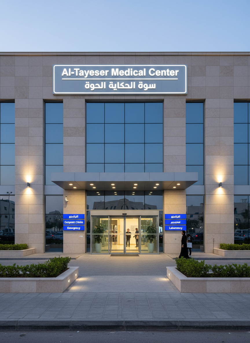 An exterior street-level view of Al-Tayseer Medical Center مجمع التيسير الطبي, showing a modern building facade with clean beige stone cladding, large reflective glass panels, and a prominent bilingual illuminated sign above the entrance. The entrance features automatic sliding glass doors framed by brushed aluminum, with a covered drop-off area and clear directional signage for الطوارئ, العيادات الخارجية, and المختبر. The sidewalk is smooth and well-maintained, with simple planters holding neatly trimmed greenery. Early evening ambient light combines with cool white exterior spotlights that gently illuminate the signage and entrance, casting soft, inviting glows on the pavement. Captured from a slightly low, wide angle to emphasize accessibility and presence, the mood is welcoming, professional, and community-focused in a realistic photographic style.