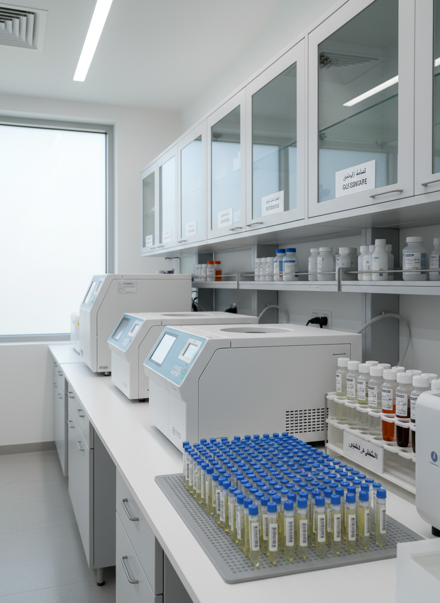 A dedicated laboratory analysis area with a long, spotless bench supporting automated analyzers, centrifuges, and clearly labeled reagent racks, all featuring smooth white casings and small digital displays glowing softly. Transparent sample tubes rest in orderly rows on a rubberized mat, emphasizing precision and organization. The backdrop includes wall-mounted cabinets with frosted glass doors and clearly printed Arabic and English labels. Daylight filters in through a frosted window, complemented by cool overhead LEDs, creating a balanced, shadow-free illumination that highlights the gleam of metal and glass. Photographed from a side angle with moderate depth of field, focusing on the instruments in the foreground and a gentle blur toward the back, the atmosphere is meticulous, scientific, and trustworthy, captured in clean, high-fidelity photographic realism.