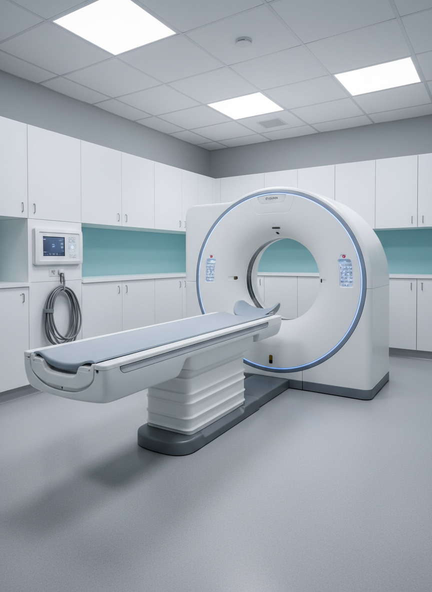 A state-of-the-art diagnostic imaging room centered on a modern CT scanner with a smooth white circular gantry and padded sliding table, all immaculately clean and aligned. The scanner is surrounded by minimalist built-in cabinetry, a small wall-mounted control panel, and carefully coiled cables, emphasizing order and safety. The room’s walls are a soothing pale gray with a subtle blue accent strip, and the floor is seamless, polished vinyl. Overhead recessed LED panels cast cool, even light that minimizes harsh shadows while creating soft highlights on the machine’s curved surfaces. Shot from a three-quarter angle with wide framing and sharp detail throughout, the mood is advanced, precise, and trustworthy, evoking cutting-edge medical technology in a professional photographic realism.